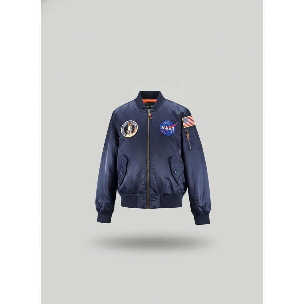 Da Fei Li Mens Navy Blue NASA Space Shuttle Mission Bomber Flight Jacket Small